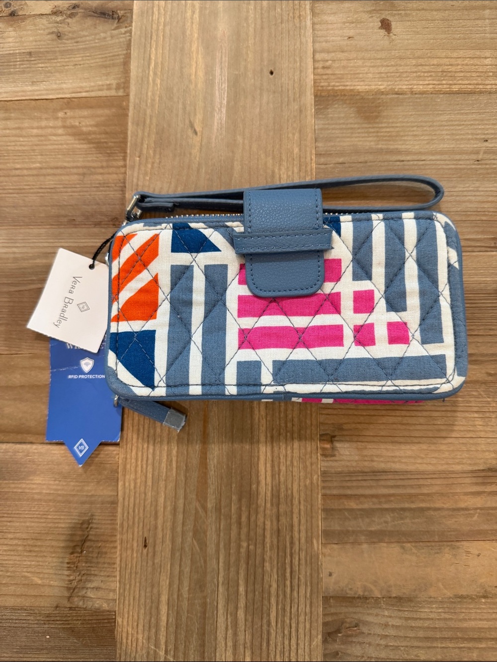 Vera Bradley Blue, White and Pink Geometric RFID Wristlet Wallet